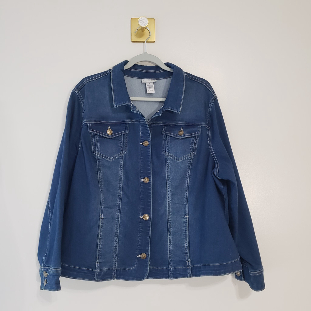 Catherines Denim Jacket Women 1X XL Blue Jean Coat Stretchy Casual Classic Layer